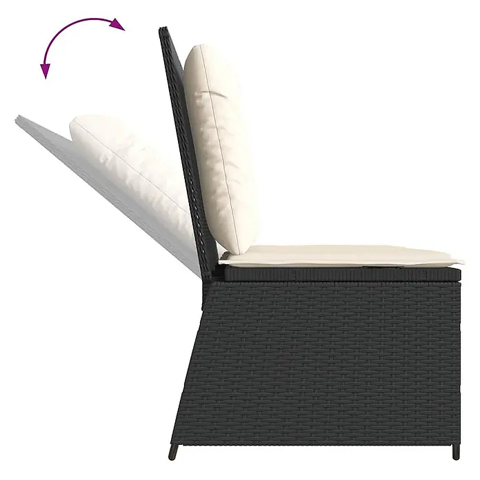 Furnicato Gartenbank PE-Rattan - B x T x H: 108 x 95 x 85 cm, Schwarz - Schwarzes Polyrattan-Gartensitzmodul mit cremefarbenen Kissen, das die neigbare Rückenlehne zeigt.