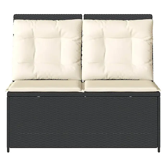 Furnicato Gartenbank PE-Rattan - B x T x H: 108 x 95 x 85 cm, Schwarz - Dunkelgraue Rattan-Optik Outdoor-Sitzbank mit Stauraum, dazu zwei cremefarbene Sitz- und zwei Rückenkissen.
