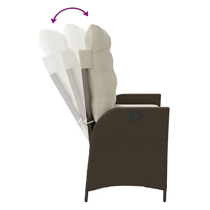 Furnicato Gartenbank - B x T x H: 59 x 86 x 93 cm, Braun und Creme - Brauner Rattansessel mit cremefarbenen Kissen, der die Verstellung der Rückenlehne zeigt.
