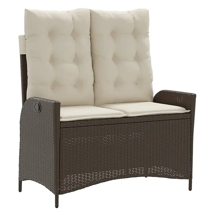 Furnicato Gartenbank - B x T x H: 59 x 86 x 93 cm, Braun und Creme - Dunkelbraune Rattan-Gartenbank für zwei Personen mit cremefarbenen, gesteppten Polstern.