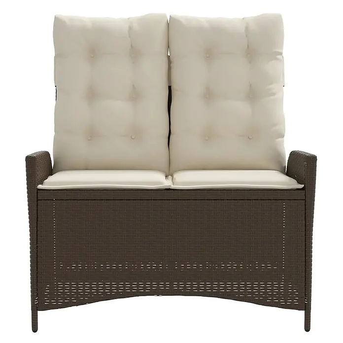 Furnicato Gartenbank - B x T x H: 59 x 86 x 93 cm, Braun und Creme - Dunkelbraune geflochtene Garten-Aufbewahrungsbank mit cremefarbenen Hochlehner-Kissen.