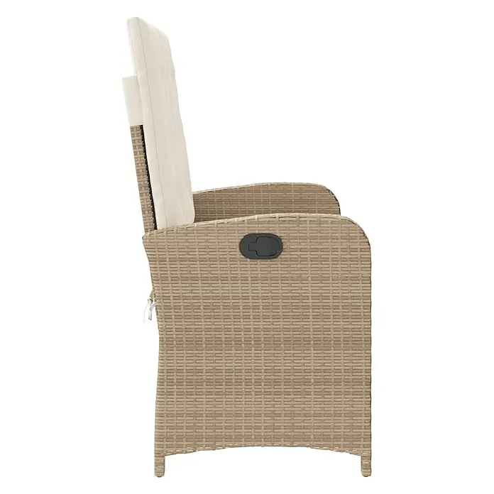 Furnicato Gartenbank - B x T x H: 59 x 86 x 93 cm, Beige und Creme - Seitenansicht eines beigefarbenen Rattan-Liegesessels mit cremefarbenen Kissen und schwarzem Hebel.