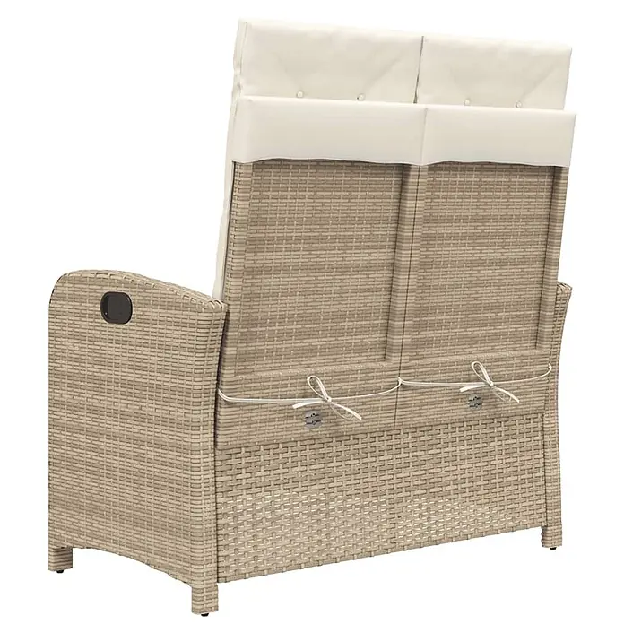 Furnicato Gartenbank - B x T x H: 59 x 86 x 93 cm, Beige und Creme - Beiger Rattan-Zweisitzer-Gartenliege mit cremefarbenen Kissen, von hinten gesehen. Kissen sind mit Bändern befestigt.