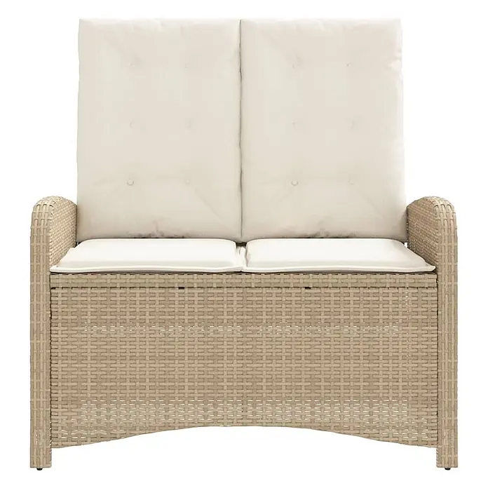 Furnicato Gartenbank - B x T x H: 59 x 86 x 93 cm, Beige und Creme - Beige Gartenbank aus Polyrattan für zwei Personen mit hohen cremefarbenen Kissen.