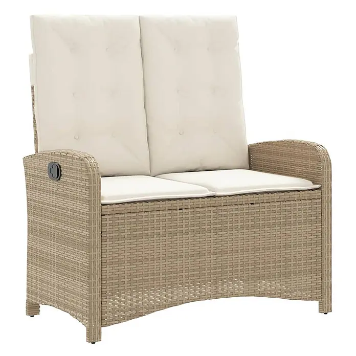Furnicato Gartenbank - B x T x H: 59 x 86 x 93 cm, Beige und Creme - Beiges Rattan-Optik Zweisitzer-Gartensofa mit Cremepolstern und Reclinerfunktion.