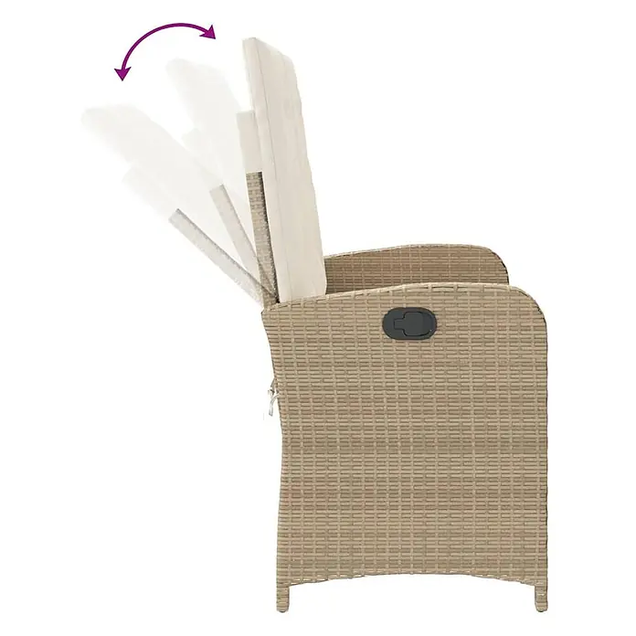Furnicato Gartenbank - B x T x H: 59 x 86 x 93 cm, Beige und Creme - Hellbrauner Loungesessel im Rattan-Look mit beigem Kissen, zeigt die verstellbare Rückenlehne in mehreren Liegepositionen.