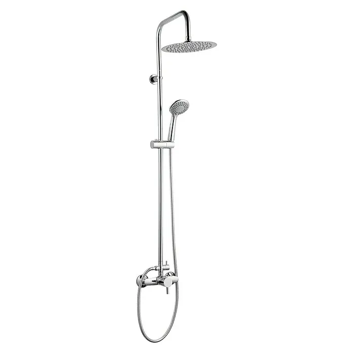 Sistema de ducha Spring - Con grifo monomando, Distancia entre orificios: 15 cm, Número de tipos de chorro: 2 ud., Cromo - Un panel de ducha con cabezal de lluvia redondo, teleducha y mezclador en cromo brillante para un baño moderno.