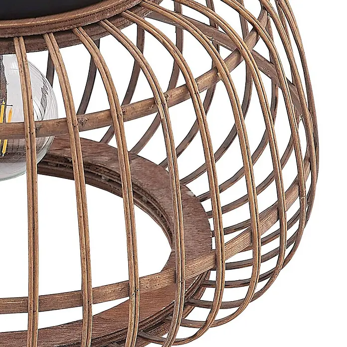Lindby Deckenleuchte Bominio - L x B x H: 40 x 40 x 24,5 cm, Holz hell, E27 - Brauner Lampenschirm aus geflochtenem Rattan mit sichtbarer Glühbirne.