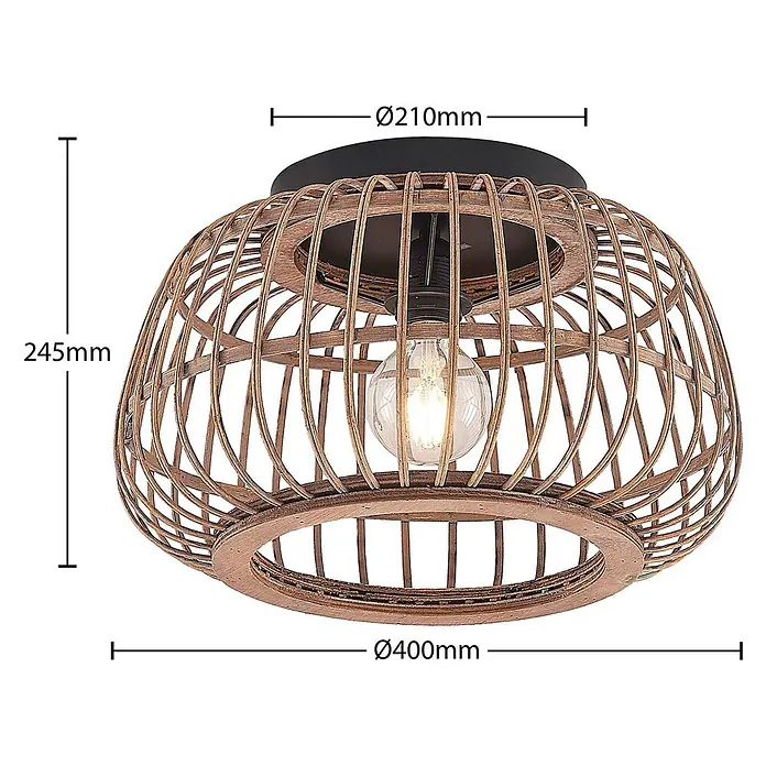 Lindby Deckenleuchte Bominio - L x B x H: 40 x 40 x 24,5 cm, Holz hell, E27 - Deckenleuchte mit schwarzem Sockel und rundem, geflochtenem Holzkorbschirm, mit sichtbarer Glühbirne.