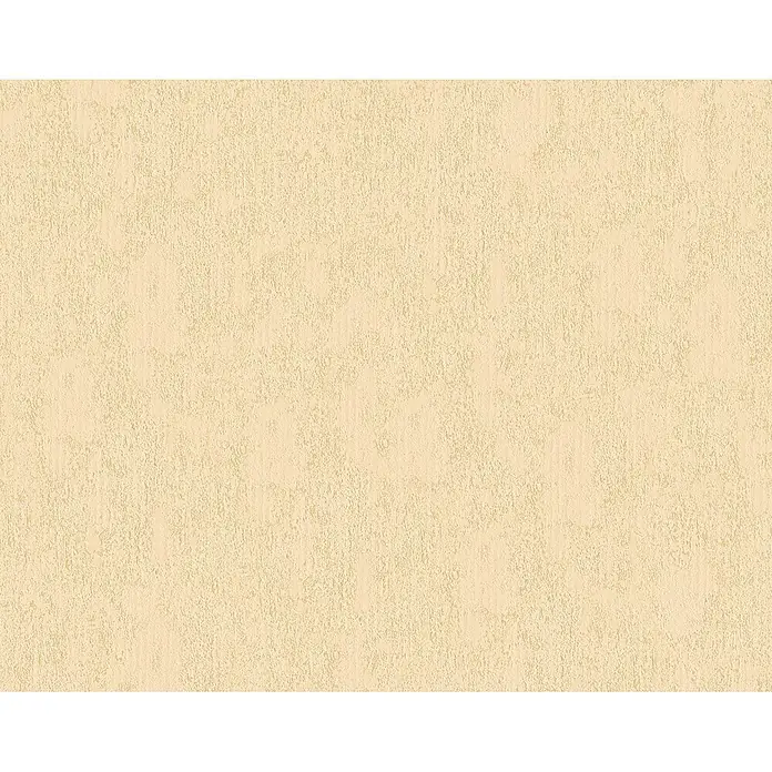 A.S. Création Vliestapete - Gelb, Uni, 10,05 x 0,53 m - Nahaufnahme einer beigen, strukturierten Tapete, die ein warmes und einladendes Ambiente erzeugt.