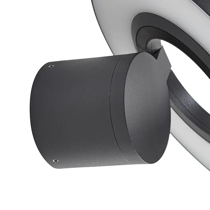 Arcchio Außenwandleuchte Tovio - alu / grau / zink, alu / grau / zink, IP65 - Dunkelgrauer, zylindrischer Strahler mit strukturierter Oberfläche, verbunden mit einem ringförmigen Lichtelement.