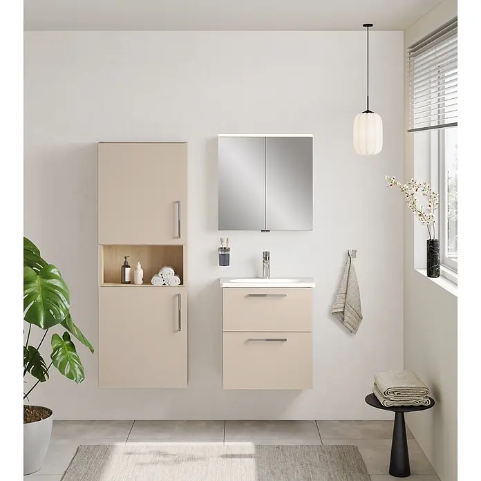 VitrA Hochschrank Root Flat - B x T x H: 57 x 27 x 155 cm, Sahara Beige - Beiger Badunterschrank mit Waschbecken und Spiegelschrank, dazu ein passender hoher Aufbewahrungsschrank.
