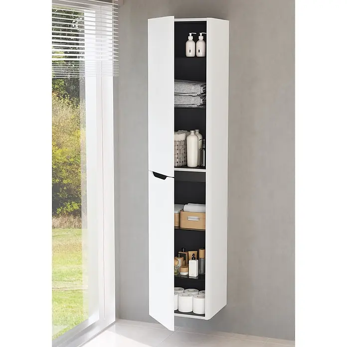 VitrA Integra Round Bad-Hochschrank - B x T x H: 40 x 37 x 180 cm, Weiß, DIN Anschlag: Links - Weißer wandmontierter Hochschrank mit schwarzem Interieur, zur Aufbewahrung von Handtüchern, Flaschen und Toilettenpapier in einem modernen Bad.