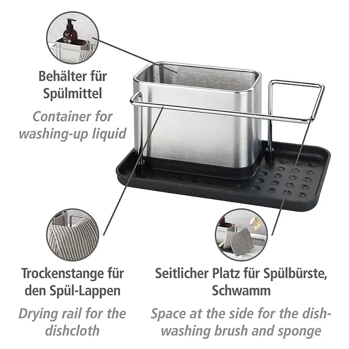 Wenko Spülbecken-Organizer - L x B x H: 12 x 21 x 10,5 cm - Spülbecken-Organizer aus Edelstahl mit schwarzer Ablage, Trockenstange und Fächern für Spülmittel, Bürste, Schwamm.