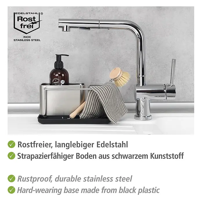 Wenko Spülbecken-Organizer - L x B x H: 12 x 21 x 10,5 cm - Rostfreier Spülbecken-Organizer aus Edelstahl mit strapazierfähigem schwarzem Kunststoffboden.