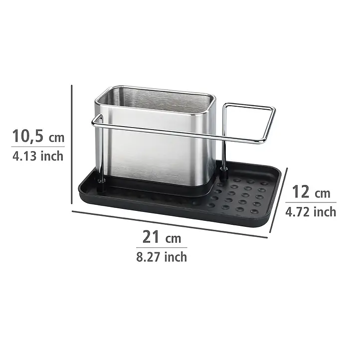 Wenko Spülbecken-Organizer - L x B x H: 12 x 21 x 10,5 cm - Spülbecken-Organizer aus Edelstahl und schwarzem Kunststoff mit Fächern und Ablage für Schwämme und Bürsten.
