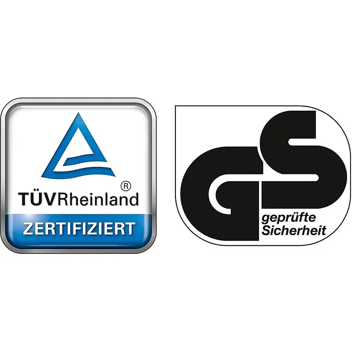 WDH Bauheizer WDH-IFH20, 20kW Heizleistung -  - Zwei deutsche Sicherheitszertifizierungslogos: TÜV Rheinland ZERTIFIZIERT und GS geprüfte Sicherheit.