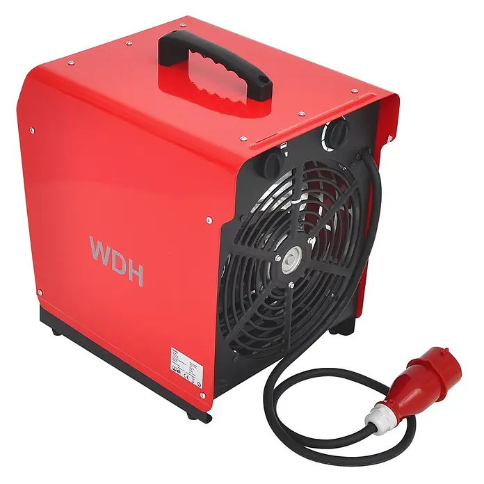 WDH Bauheizer WDH-BGP09, 9kW Heizleistung -  - Rotes Industrieheizgerät aus Metall mit schwarzem Griff, Lüftergitter und angeschlossenem Stromkabel mit rotem Industriestecker.
