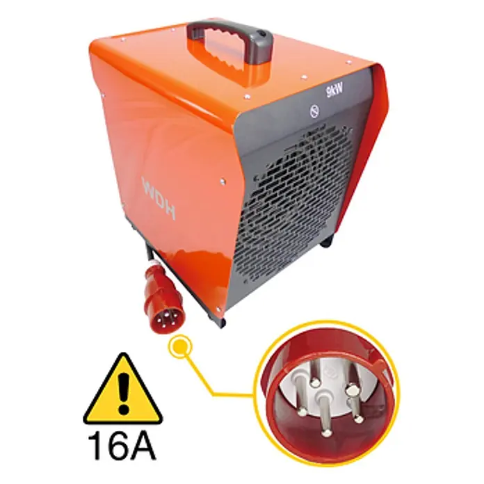 WDH Bauheizer WDH-BGP09, 9kW Heizleistung -  - Oranger 9kW Elektroheizer mit Griff und rotem 16A CEE Industriestecker.