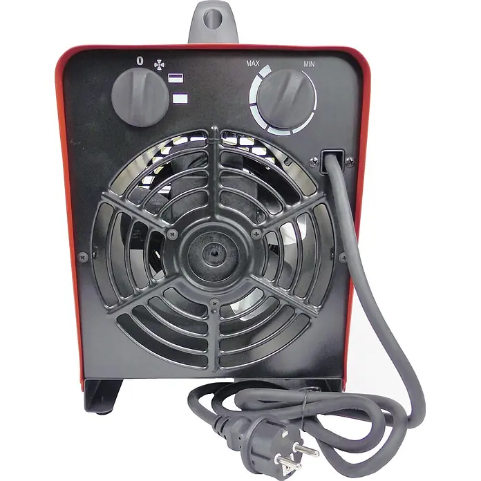 WDH Bauheizer WDH-BGP031S, 3kW Heizleistung, mit optionalem Schlauchanschluss -  - Rote und schwarze tragbare Elektroheizlüfter mit Bedienknöpfen und Netzkabel mit Eurostecker.