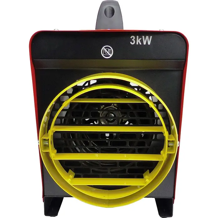 WDH Bauheizer WDH-BGP031S, 3kW Heizleistung, mit optionalem Schlauchanschluss -  - Roter und schwarzer 3kW Elektro-Heizlüfter mit gelbem Schutzgitter.