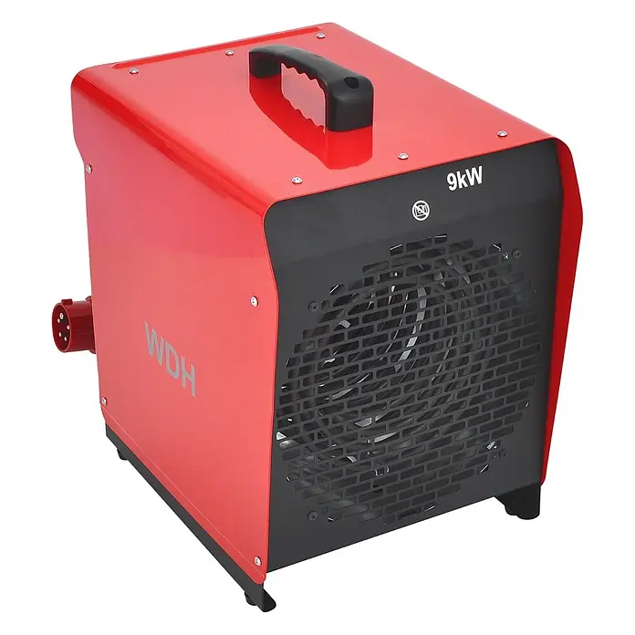 WDH Bauheizer WDH-BGP09, 9kW Heizleistung -  - Rotes 9kW Industrie-Elektroheizgerät mit schwarzem Griff, Lüftergitter und Netzanschluss.
