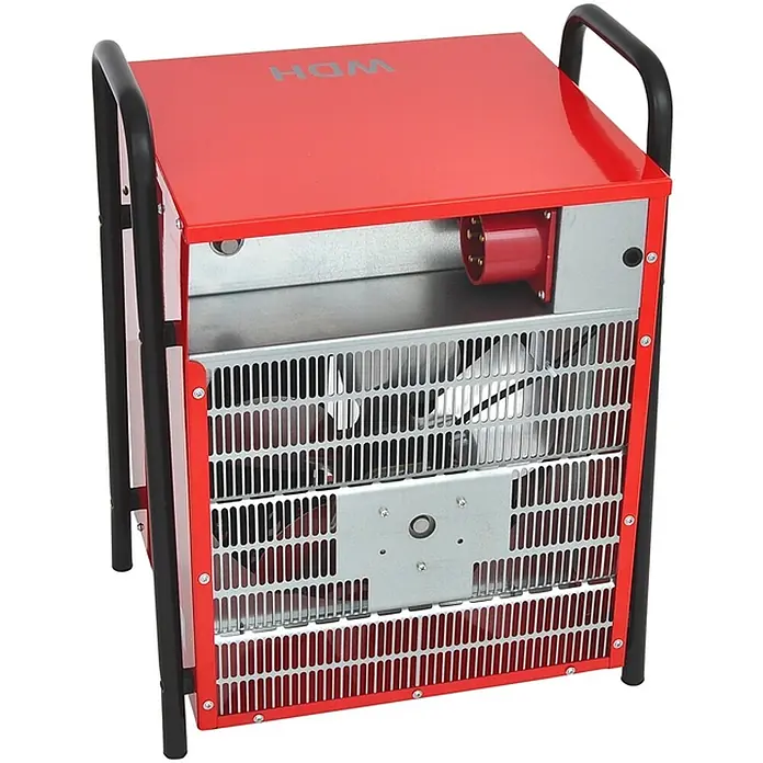 WDH Bauheizer Elektroheizer WDH-IFH15 (15kW) - Profi-Heizgebläse – für 125m² - Nennspannung: 400 V, Rot, IP24 - Kompakte rote elektrische Industrieheizung mit Metallgittern und schwarzen Griffen.