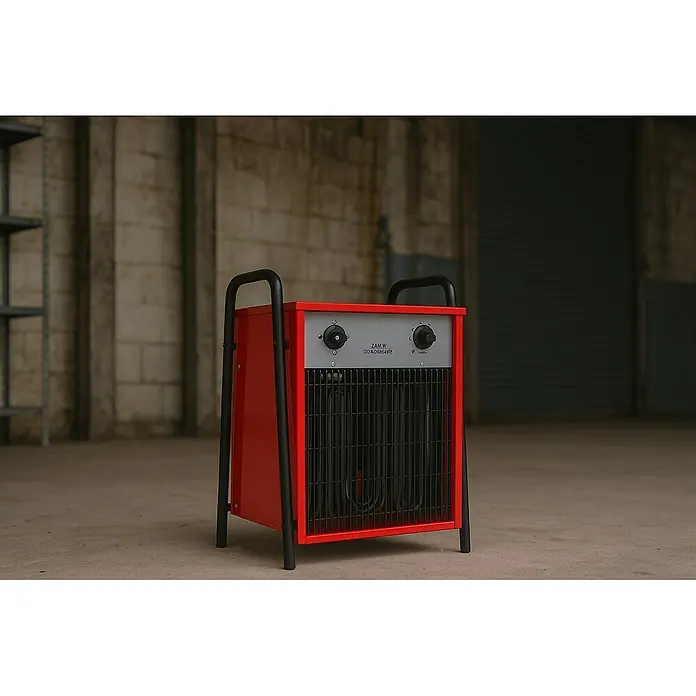WDH Bauheizer Elektroheizer WDH-IFH15 (15kW) - Profi-Heizgebläse – für 125m² - Nennspannung: 400 V, Rot, IP24 - Rotes und schwarzes industrielles Elektroheizgerät mit zwei Drehknöpfen, auf Betonboden in einer Lagerhalle stehend.