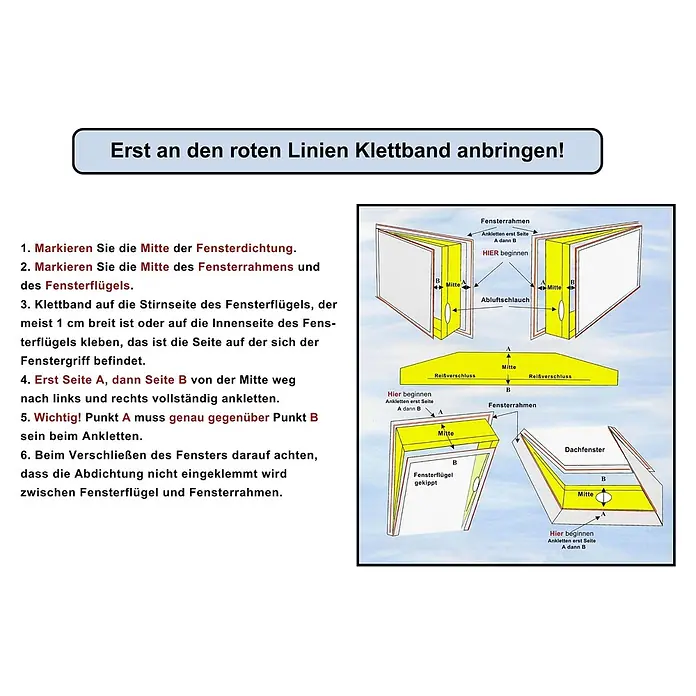WDH Mobiles Klimagerät Fensterabdichtung Window Kit, verhindert Eindringen von Hitze und Insekten - Weiß - Diagramme zeigen Montageanleitung für eine gelbe Fensterabdichtung mit Klettband für einen Abluftschlauch an Kipp- und Dachfenstern.