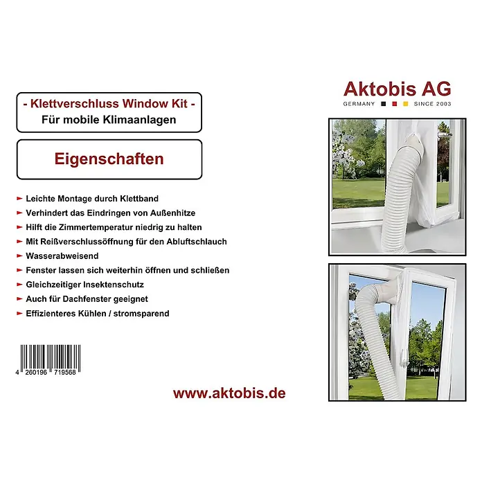 WDH Mobiles Klimagerät Fensterabdichtung Window Kit, verhindert Eindringen von Hitze und Insekten - Weiß - Weißes Klettverschluss Fensterkit für mobile Klimaanlagen, durch das ein Abluftschlauch geführt wird, um das Eindringen von Hitze und Insekten zu verhindern.