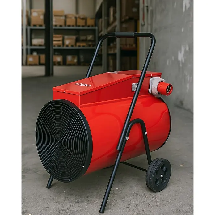 WDH Bauheizer Elektroheizkanone WDH-BGC30, 30kW Heizleistung -  - Roter mobiler Industrieheizer mit schwarzem Gitter, Griff und Rädern in einem Lager.