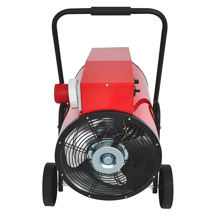 WDH Bauheizer Elektroheizkanone WDH-BGC30, 30kW Heizleistung -  - Roter, tragbarer Industrieheizer mit schwarzem Griff, sichtbarem Frontlüfter und Rädern zur Mobilität.