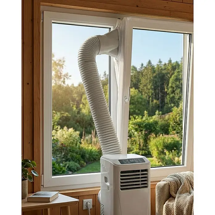 WDH Mobiles Klimagerät Fensterabdichtung Window Kit, verhindert Eindringen von Hitze und Insekten - Weiß - Weißes mobiles Klimagerät mit Abluftschlauch, der in einem Fensterdichtungs-Kit installiert ist.