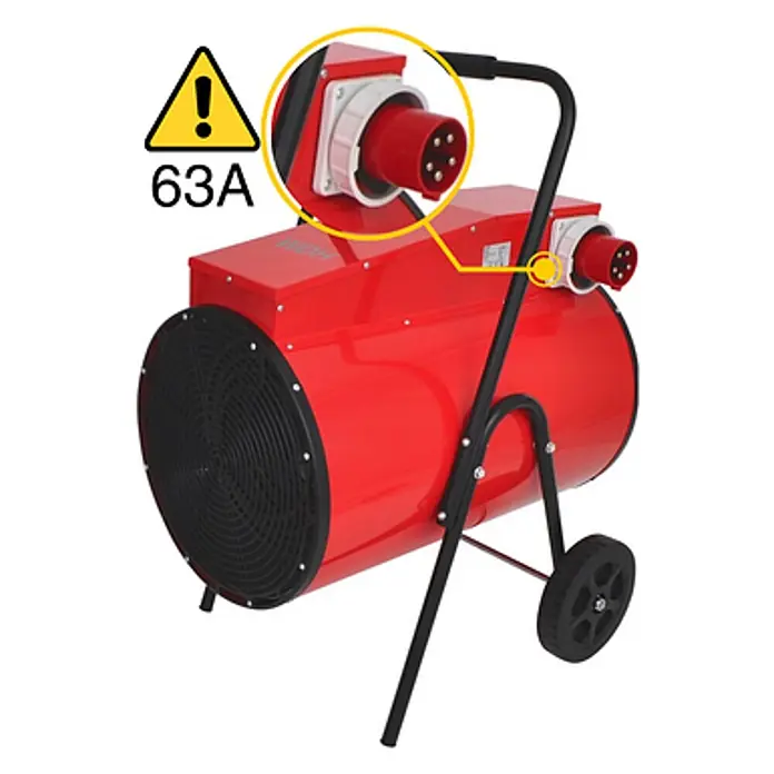 WDH Bauheizer Elektroheizkanone WDH-BGC30, 30kW Heizleistung -  - Rotes, fahrbares Industrieheizgerät mit schwarzem Ständer und rotem 63A CEE-Stromanschluss.