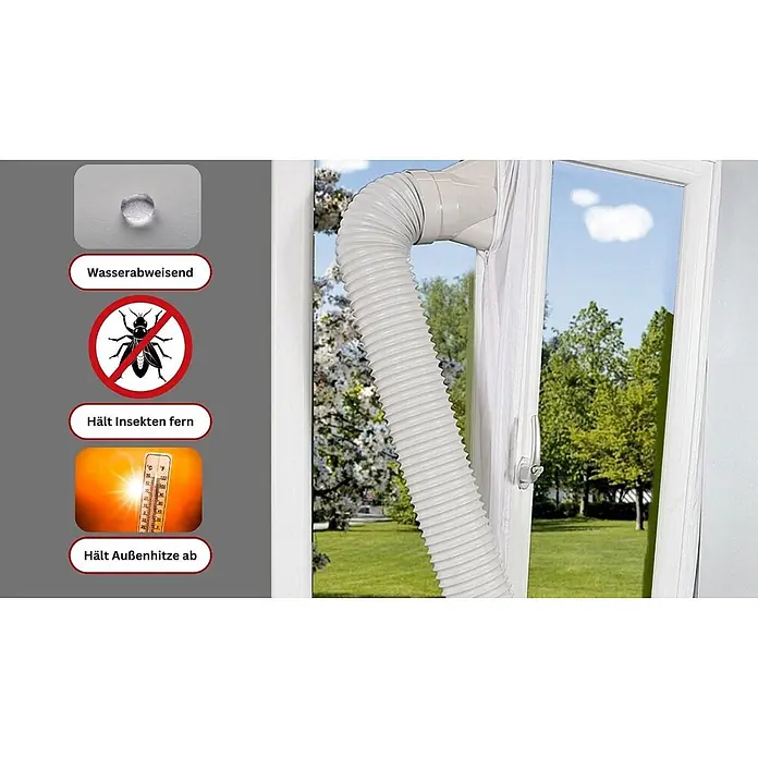 WDH Mobiles Klimagerät Fensterabdichtung Window Kit, verhindert Eindringen von Hitze und Insekten - Weiß - Weiße Klimaanlagen-Fensterabdichtung mit Abluftschlauch im offenen Fenster, wasserabweisend, insektenabweisend und hitzeblockierend.