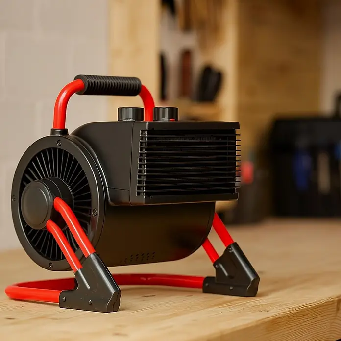 WDH Heizlüfter Frostwächter WDH-BGP02 -  - Schwarz-roter Industrie-Heizlüfter auf einer Holzwerkbank.