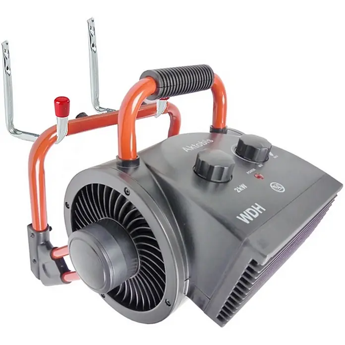 WDH Heizlüfter Frostwächter WDH-BGP02 -  - Kompaktes dunkelgraues Elektro-Heizgebläse mit orangefarbenem Metallgriff, zwei Drehknöpfen, Frontlüfter, seitlichen Schlitzen und Aufhängehaken.