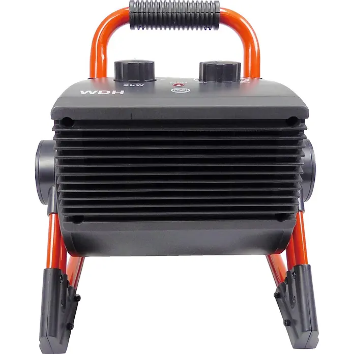 WDH Heizlüfter Frostwächter WDH-BGP02 -  - Dunkelgrauer Elektroheizer mit orangefarbenem Griff und Ständer, oben mit zwei Drehreglern und einer Lamellenfront. 2kW Leistung.