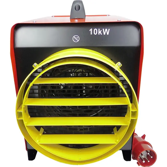 WDH Bauheizer WDH-BGP10S, 10kW Heizleistung -  - Roter und schwarzer 10kW Industrie-Elektroheizer mit gelbem Schutzgitter und rotem Industriestecker.