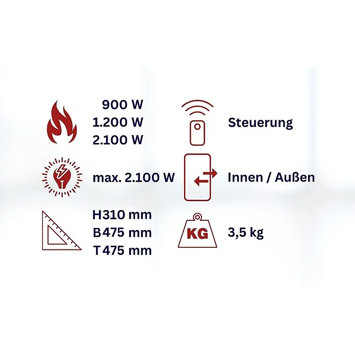 WDH Heizlüfter WDH-210S Deckenheizstrahler silber-matt -  - Grafik mit Produktspezifikationen: 900-2100W Leistung, Fernbedienung, Innen-/Außenbereich, H310xW475xT475mm, 3,5kg.