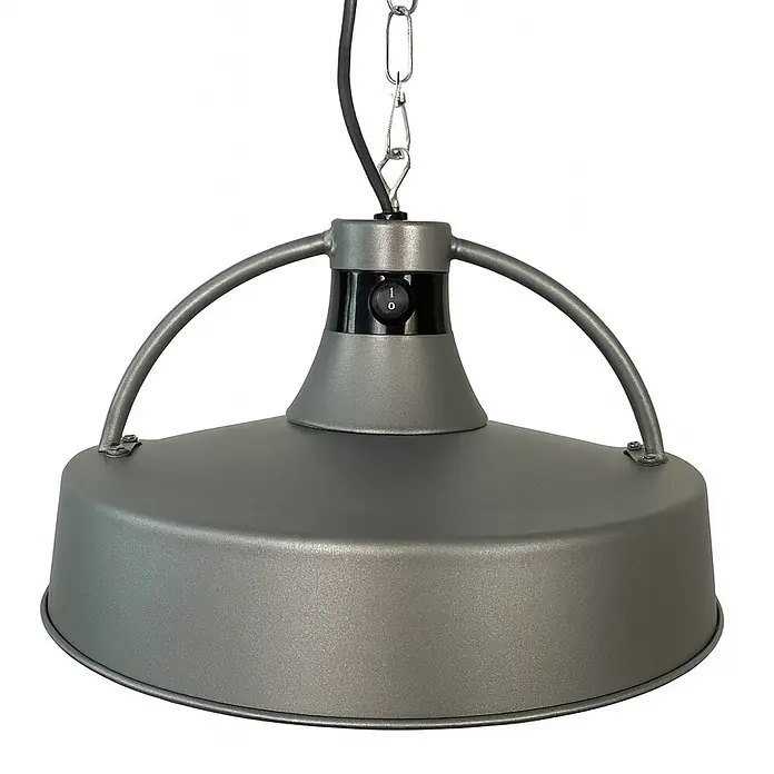 WDH Heizlüfter WDH-210S Deckenheizstrahler silber-matt -  - Graue Industrie-Hängelampe mit Ein-/Ausschalter und Aufhängkette.