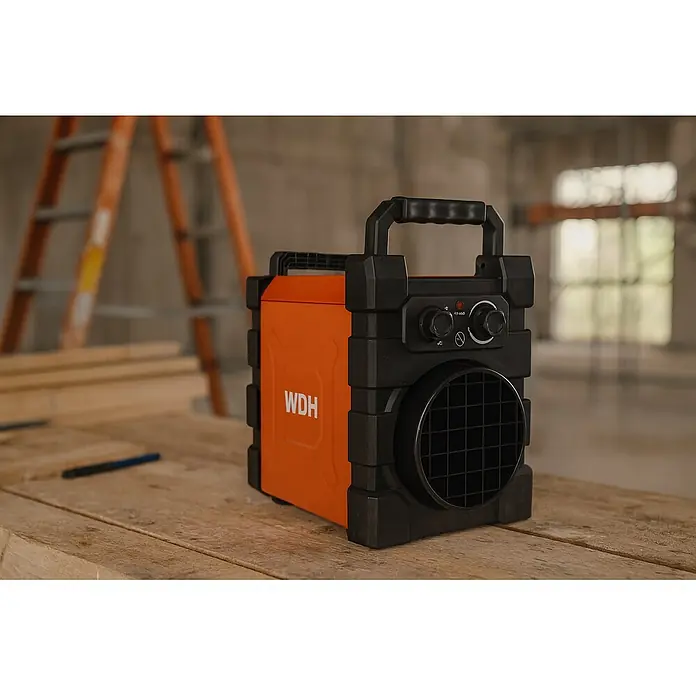 WDH Bauheizer WDH-BGP03Pro, 3kW Heizleistung -  - Ein orange-schwarzer robuster Heizlüfter mit Bedienelementen und Frontgitter, steht auf einer Holzfläche in einer Arbeitsumgebung.