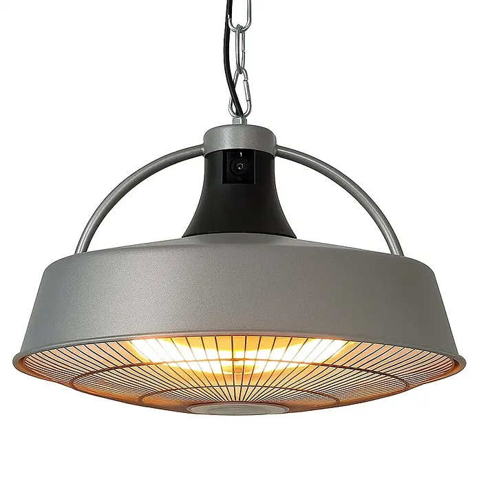 WDH Heizlüfter WDH-210S Deckenheizstrahler silber-matt -  - Hängender grauer Elektro-Terrassenheizer mit schwarzem Oberteil, Metallschutzgitter und glühendem Heizelement.