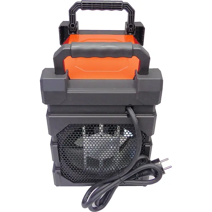 WDH Bauheizer WDH-BGP03Pro, 3kW Heizleistung -  - Schwarzes und orangefarbenes tragbares Stromgerät mit Griffen, Lüftungsgitter und Netzkabel mit Eurostecker.
