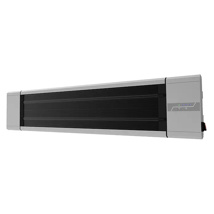 WDH Heizlüfter WDH-180DS Dunkelheizstrahler, Heizstrahler ohne Lichterzeugung -  - Hellgrauer Wand-Elektroheizer mit dunkelgrauem Gitter, Bedienfeld mit Anzeigelampen und rotem Netzschalter.