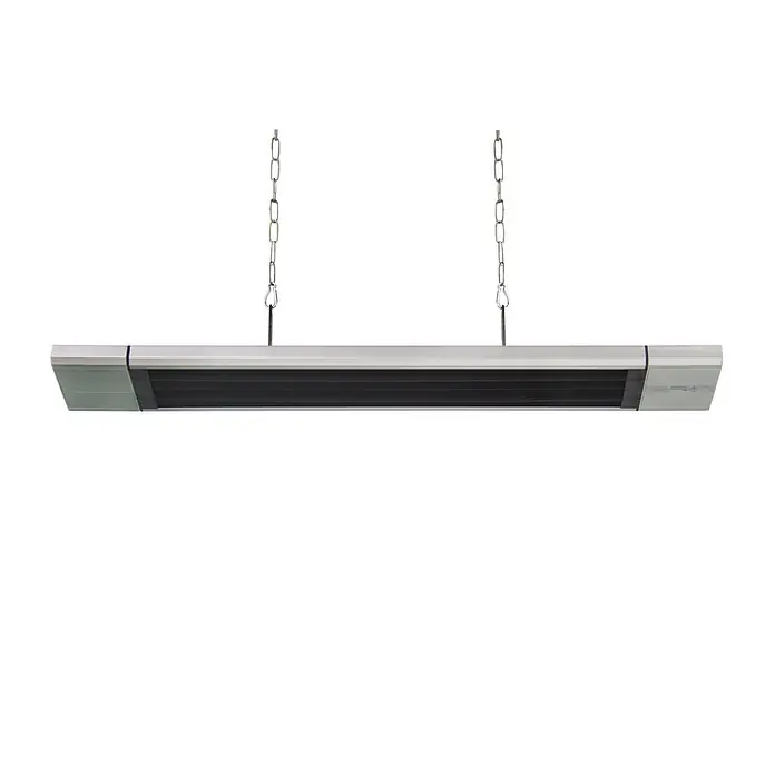 WDH Heizlüfter WDH-180DS Dunkelheizstrahler, Heizstrahler ohne Lichterzeugung -  - Silberner, rechteckiger Heizstrahler, an zwei Metallketten hängend.