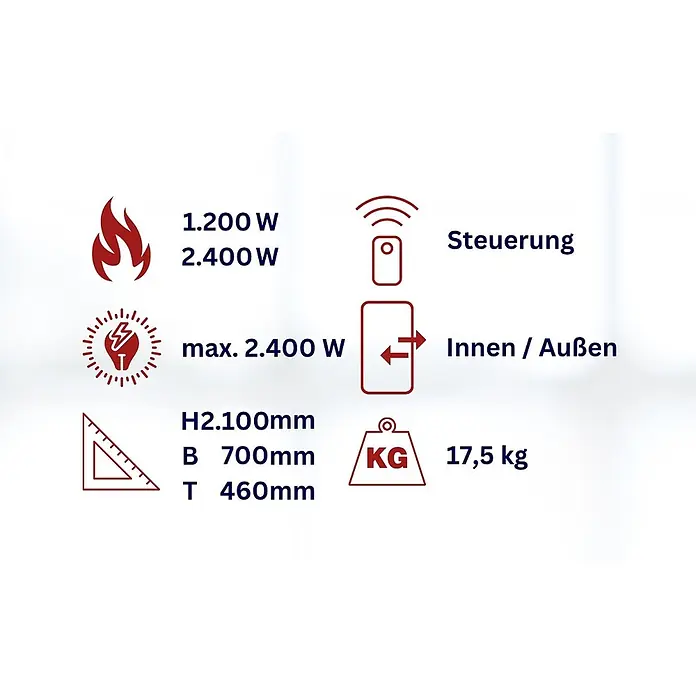 WDH Heizlüfter -  - Produktspezifikationen: Leistung 1200-2400W, Fernbedienung, Innen-/Außenbereich, Maße H2100xW700xT460mm, Gewicht 17,5kg.
