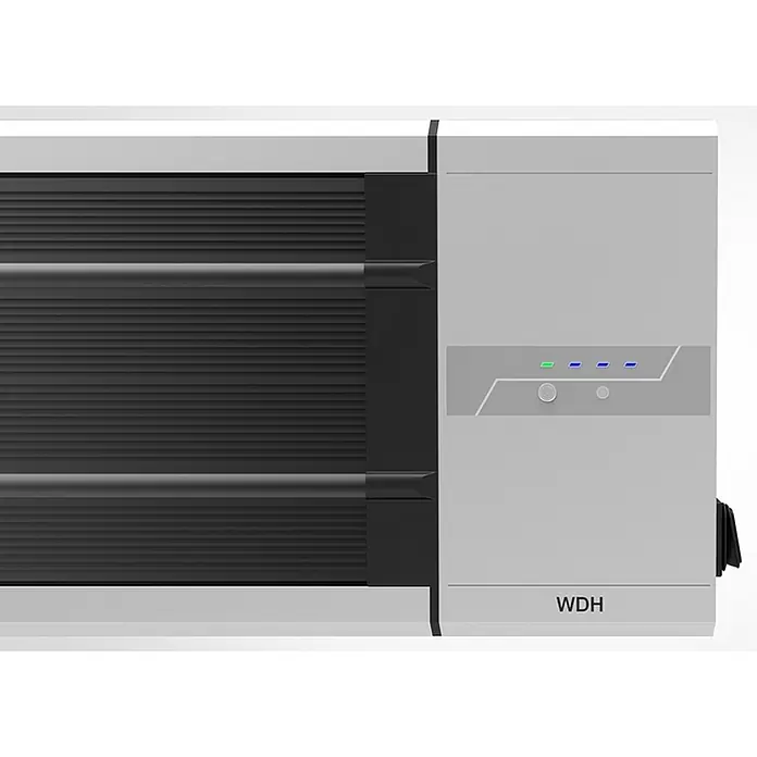 WDH Heizlüfter WDH-180DS Dunkelheizstrahler, Heizstrahler ohne Lichterzeugung -  - Hellgrauer Server mit dunkler geriffelter Front, grün/blauen Anzeigen und zwei Bedientasten.
