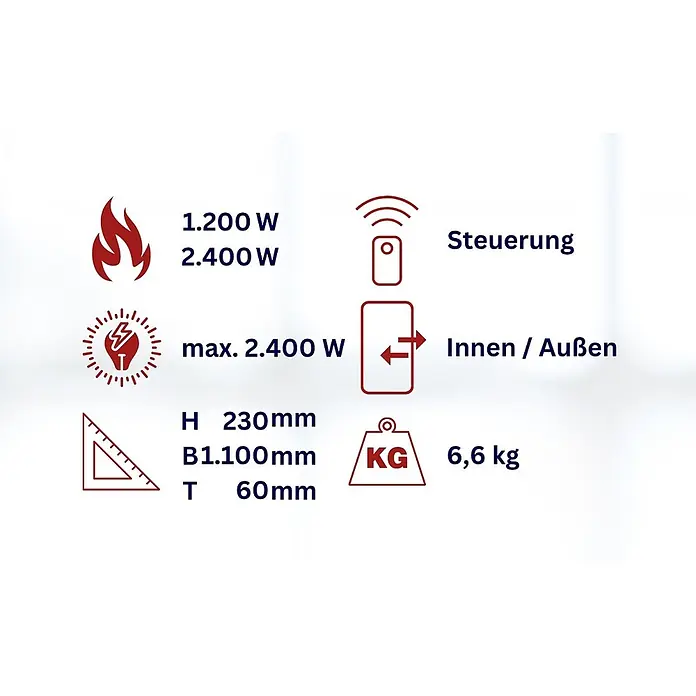 WDH Heizlüfter WDH-180DS Dunkelheizstrahler, Heizstrahler ohne Lichterzeugung -  - Technische Spezifikationen eines Heizgeräts: 1200/2400W Leistung, Fernsteuerung, für Innen/Außen, H230xB1100xT60mm, 6,6kg.