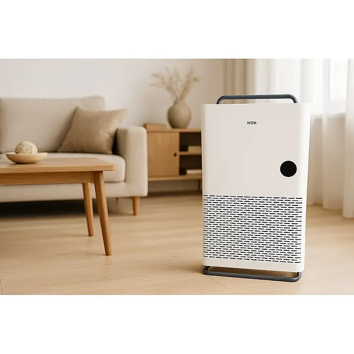 WDH Heizlüfter WDH-NDU22WT, Konvektions- und Heizradiator mit WLAN-Funktion -  - Ein weißer Luftreiniger mit grauem Griff und schwarzem Detail steht auf Holzboden in einem modernen Wohnzimmer.